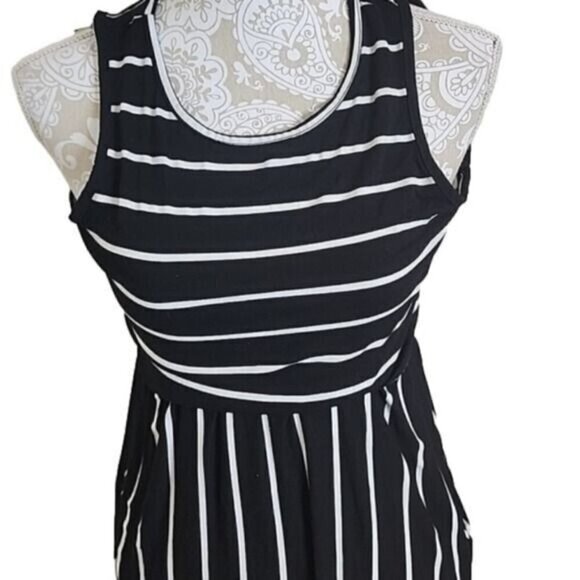 Hount sleeveless Maxi Dress Black/White Striped pockets Small - Picture 2 of 8